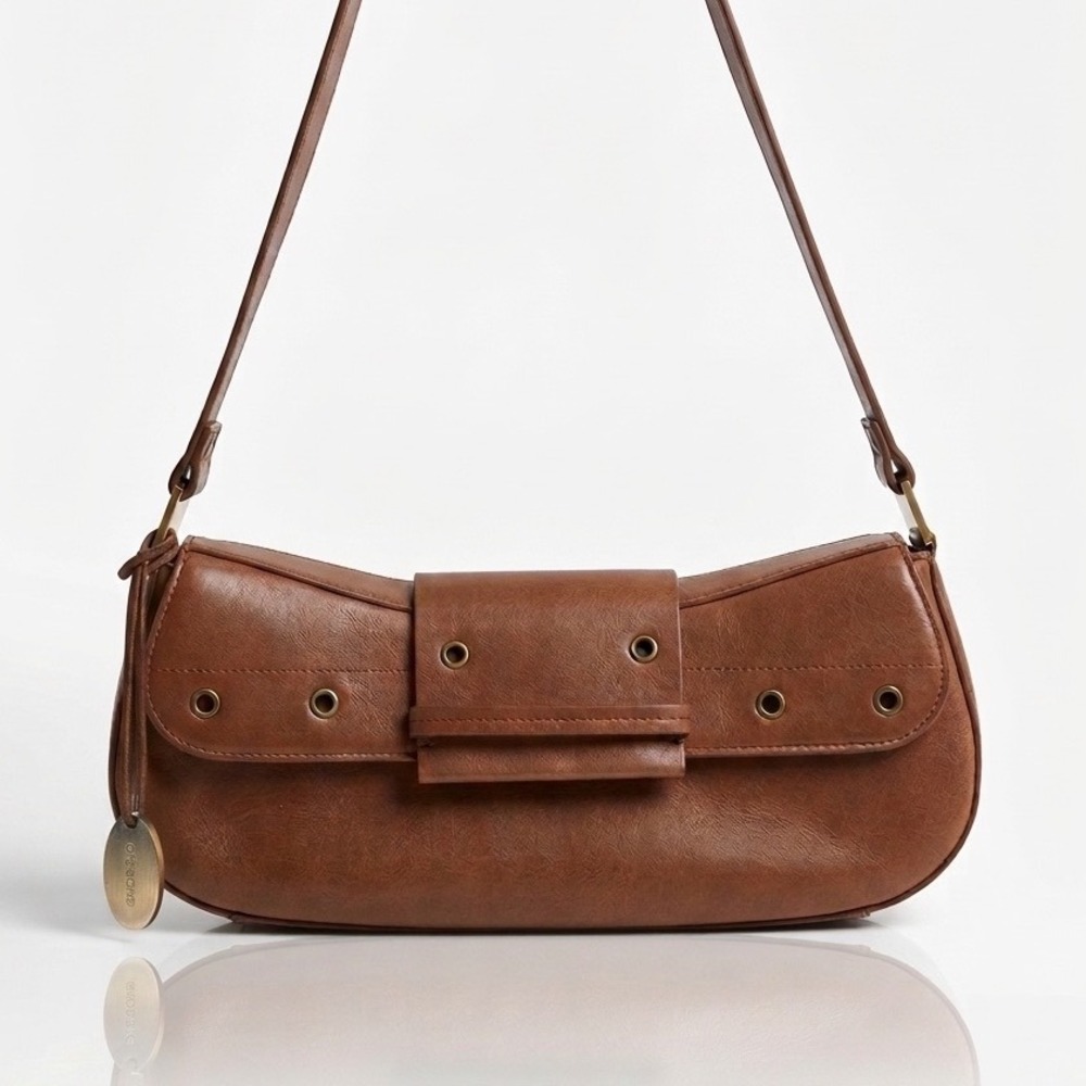 Rare! Giorgio Beverly Hills Leather Baguette Shoulder Bag Grommet Cognac Brass